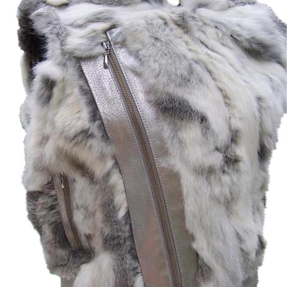 Cache Metallic Leather Fur Vest Diagonal Zipper $278 NWT New Gray Black White - Picture 3 of 9